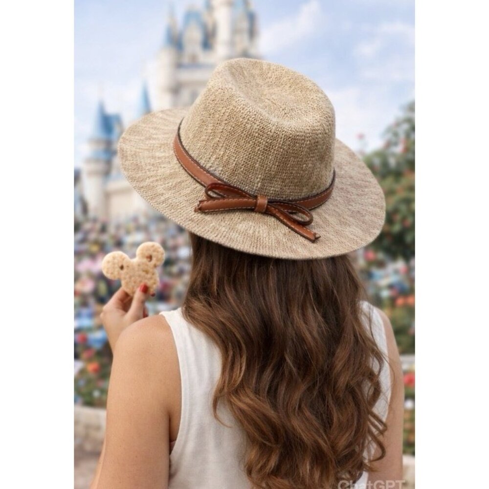 Disney Parks Woven Hat With Leather Bow Belt Tan Safari Style Disneyland - Picture 2 of 8